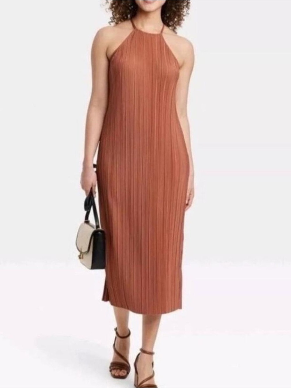 a new day Rust Halter Pleated Midi Dress Size Large